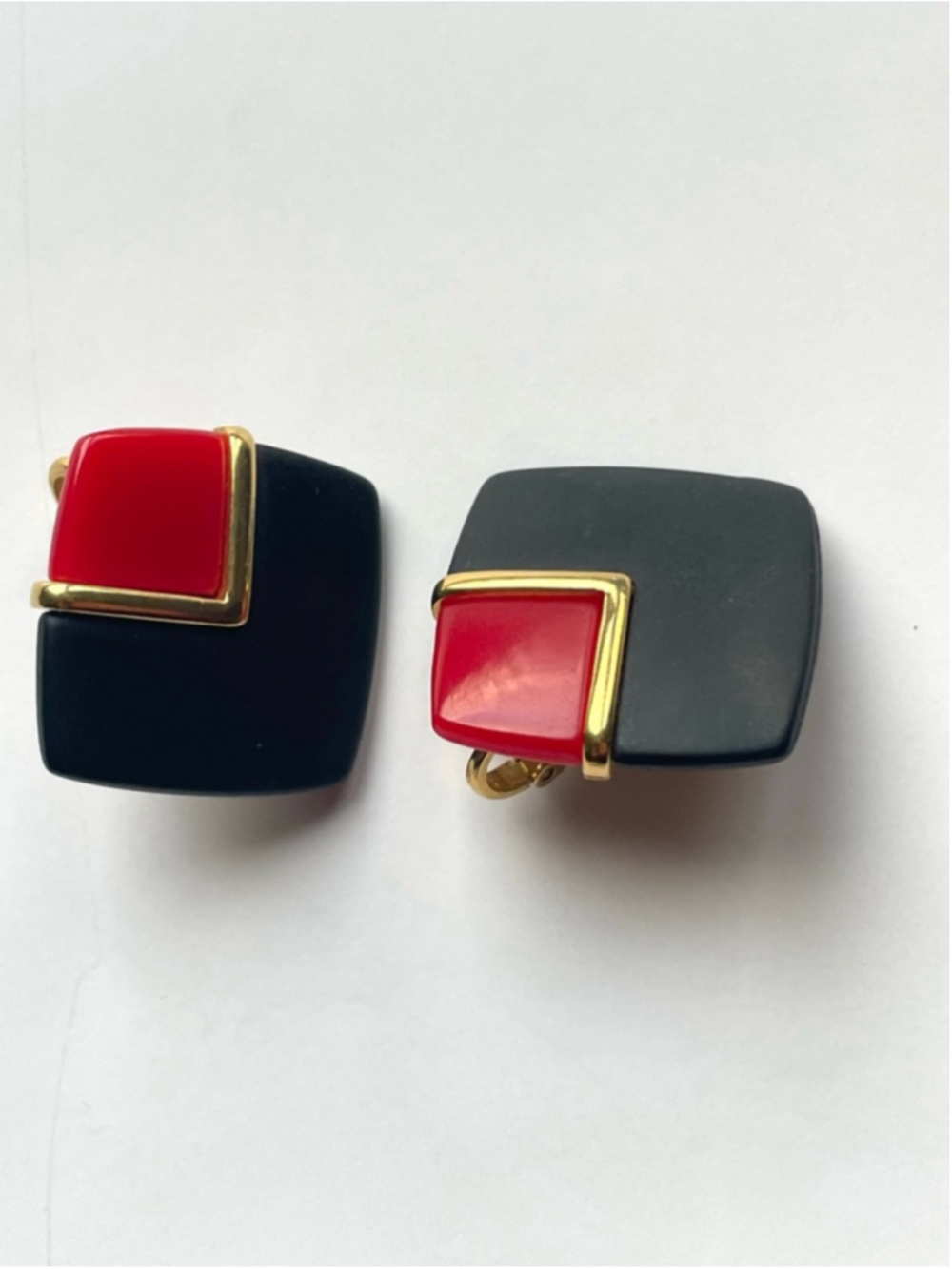 Vintage Trifari Lucite Clip Earrings Black Red Gold Geometric Statement